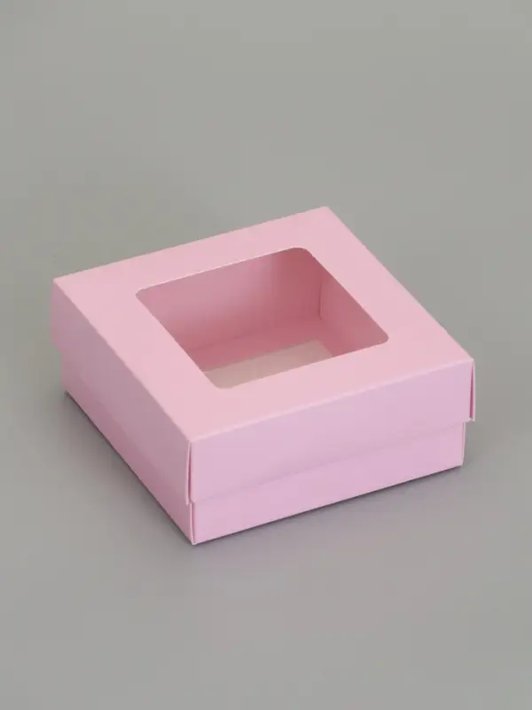 Коробка складная, крышка-дно,с окном, розовая, 12 х 12 х 5 см