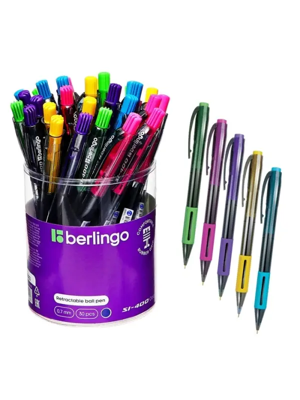 Ручка шариковая Berlingo. SI-400 Color, автоматическая, синий стержень, узел 0.7 мм, резиновый упор, МИКС
