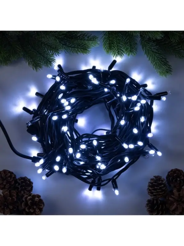 Гирлянда &laquo;Нить&raquo; 10 м, IP65, УМС, тёмная каучуковая нить, 100 LED, свечение белое, мерцание, 220 В