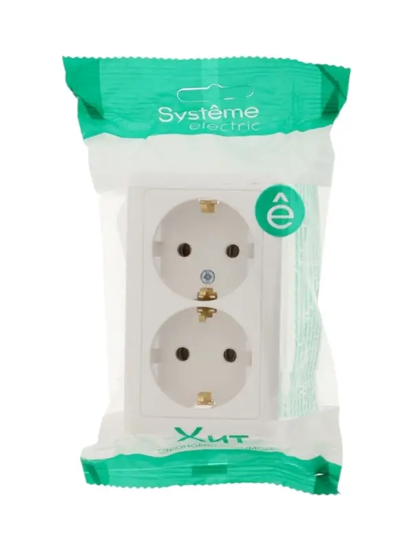 Розетка двойная SE &laquo;Хит&raquo;, 16 А, 250 В, накладная, с з/к, IP20, белая, RA16-238-B