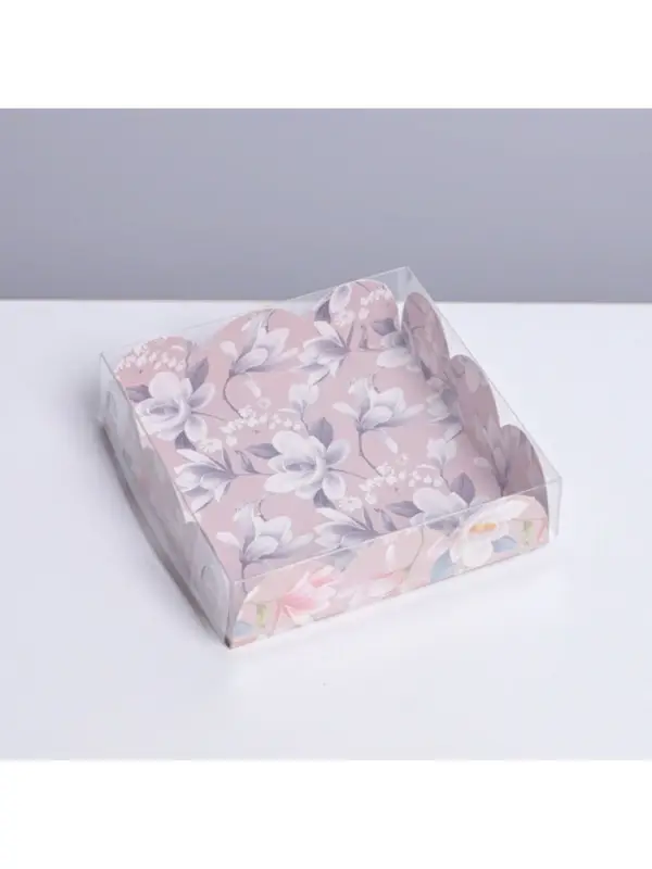 Коробка для печенья, кондитерская упаковка с пластиковой крышкой, &laquo;Цветы&raquo;, 10.5 х 10.5 х 3 см