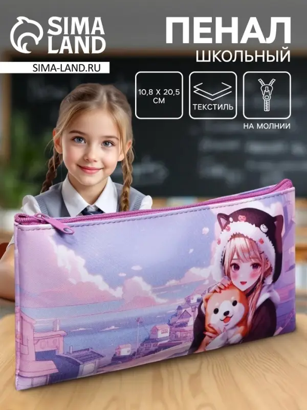 Пенал школьный, текстиль, плоский, 10.8&times;20.5 см &laquo;Аниме. друзья&raquo;