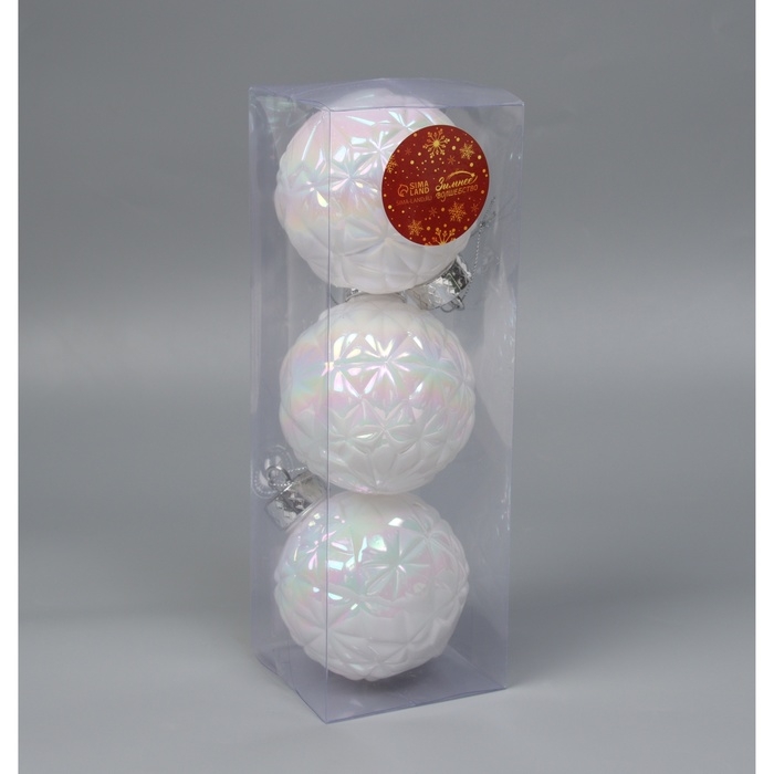 Набор шаров пластик d-8 см, 3 шт Набор шаров пластик d-8 см, 3 шт "Перелив" сеточка, белый перламутр