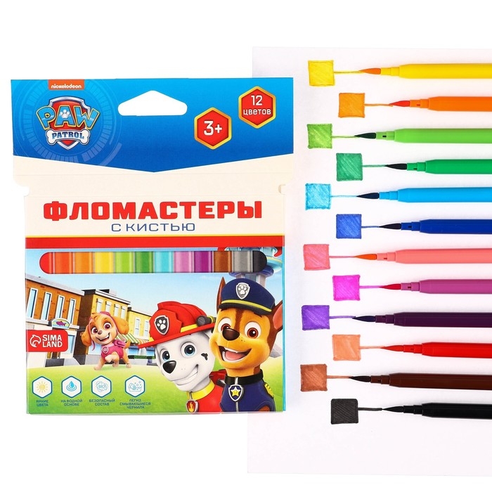 Фломастеры с кистью, 12 цветов, Щенячий патруль Фломастеры с кистью, 12 цветов, Щенячий патруль