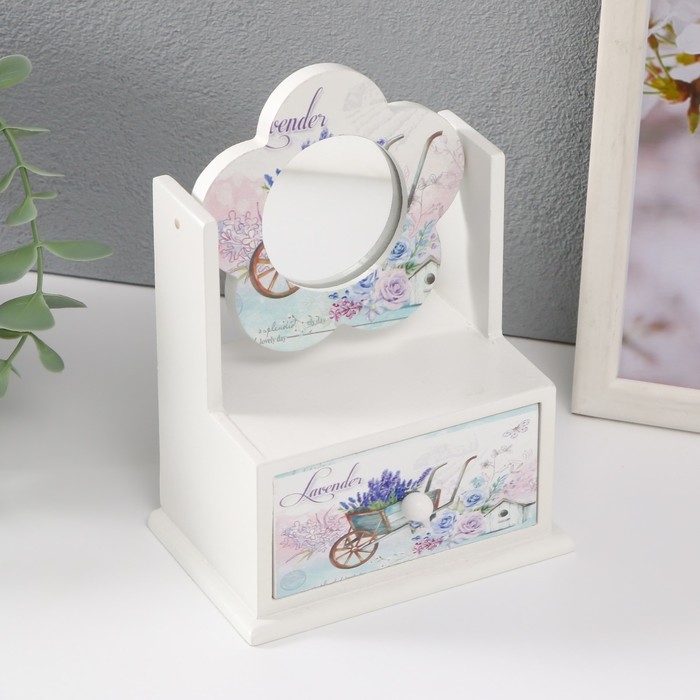 Шкатулка дерево 1 ящик с зеркалом  Шкатулка дерево 1 ящик с зеркалом "Тележка лаванды" 11х7,5х14,8 см