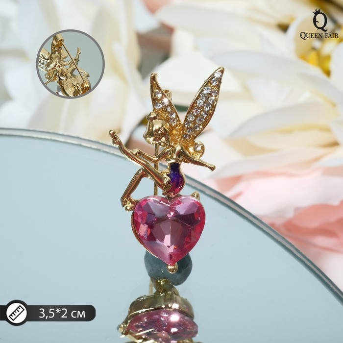 Брошь «Фея» на сердечке, цвет бело-розовый в золоте Брошь «Фея» на сердечке, цвет бело-розовый в золоте