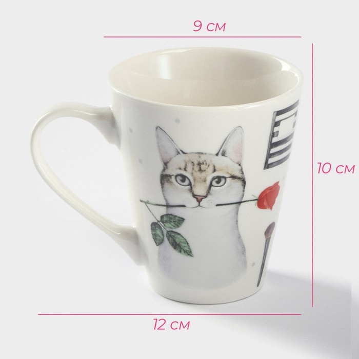 Кружка фарфоровая Доляна «Котик», 320 мл, цвет белый