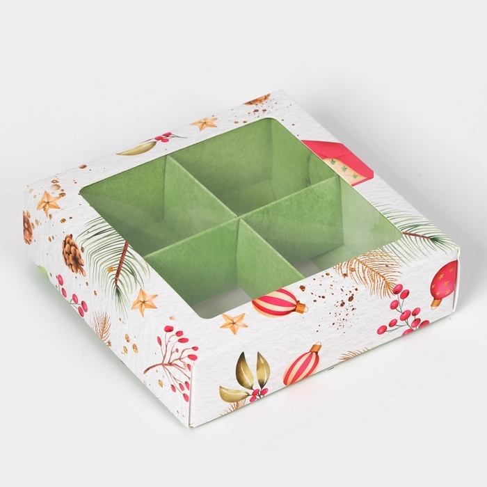 Новый год. Коробка под 4 конфеты Новый год. Коробка под 4 конфеты "Новогодние подарки", 12,6 х 12,6 х 3,5 , кондитерская упаковка