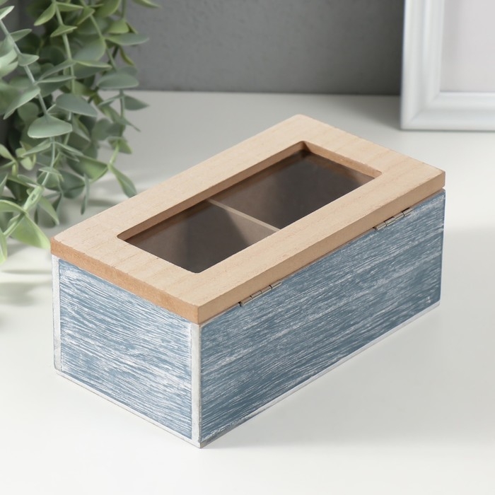 Шкатулка дерево 2 деления  Шкатулка дерево 2 деления "Стрекозы и цветы" синяя 8,8х16,2х7 см