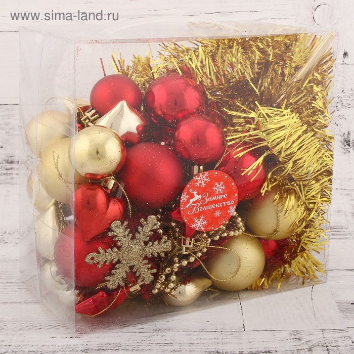 Набор украшений пластик с верхушкой 50 шт Набор украшений пластик с верхушкой 50 шт "Праздник" мишура и бусы, красный золото