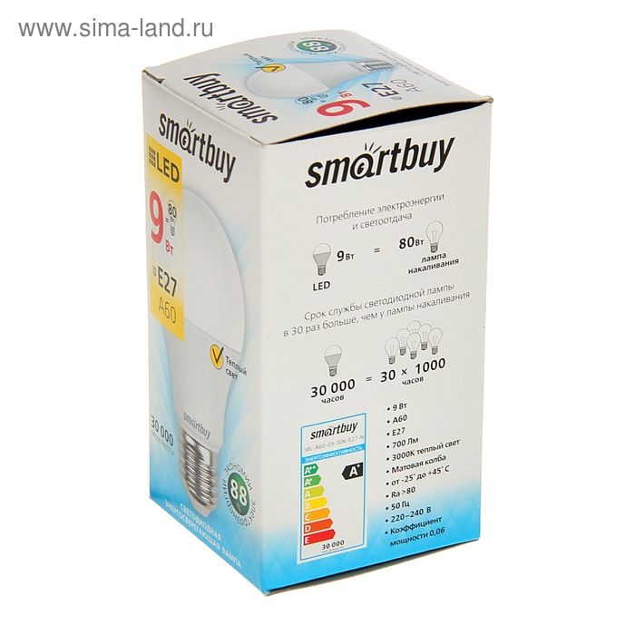 Лампа cветодиодная Smartbuy, E27, A60, 9 Вт, 3000 К, теплый белый свет Лампа cветодиодная Smartbuy, E27, A60, 9 Вт, 3000 К, теплый белый свет