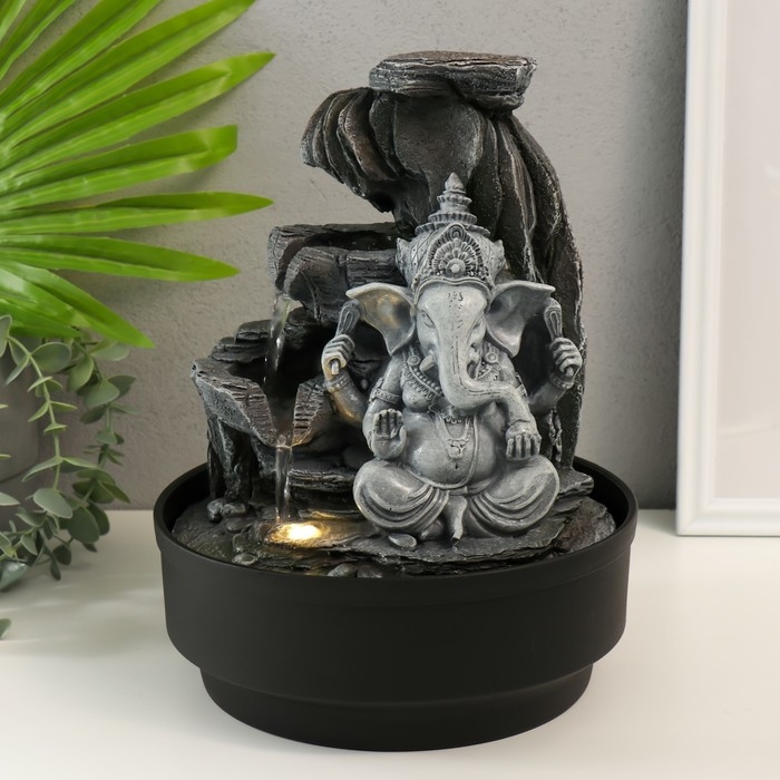Фонтан настольный от сети, подсветка Фонтан настольный от сети, подсветка "Серый Ганеша в каменном гроте" 21х21х28 см