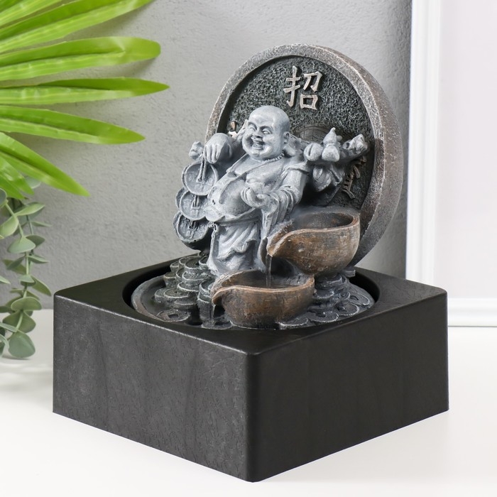 Фонтан настольный от сети, подсветка  Фонтан настольный от сети, подсветка "Серый хотей со связками монет" 18х18х24 см