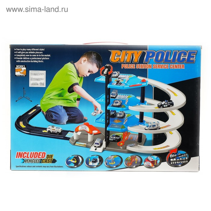 Парковка &laquo;Городская полиция&raquo;, с металлическими машинами и вертолётом