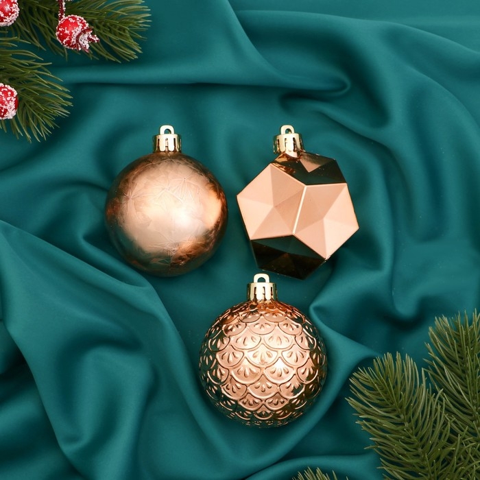 Набор шаров пластик d-6 см, 3 шт Набор шаров пластик d-6 см, 3 шт "Северное сияние" грани, золото