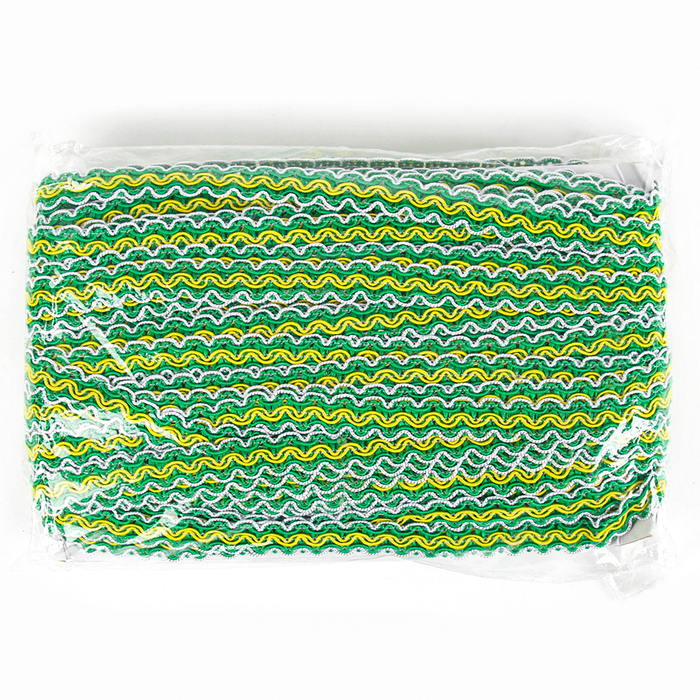 Тесьма бело-зелёно-желтая, ширина 1,2 см, в упаковке 50 м Тесьма бело-зелёно-желтая, ширина 1,2 см, в упаковке 50 м