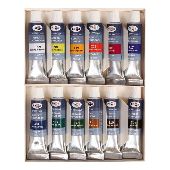 Краска акриловая в тубе, набор 12 цветов х 18 мл, Гамма Краска акриловая в тубе, набор 12 цветов х 18 мл, Гамма "Студия", морозостойкая, в картонной коробке, 160320211