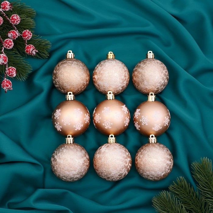 Набор шаров пластик d-6 см, 9 шт Набор шаров пластик d-6 см, 9 шт "Изабель" узоры, золото