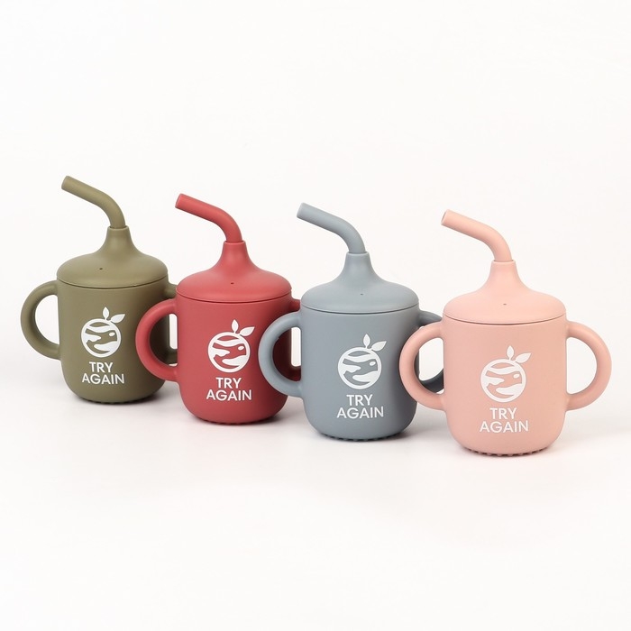 Поильник с трубочкой детский силиконовый «Try again», 200 мл., с ручками, цвет вишневый Поильник с трубочкой детский силиконовый «Try again», 200 мл., с ручками, цвет вишневый