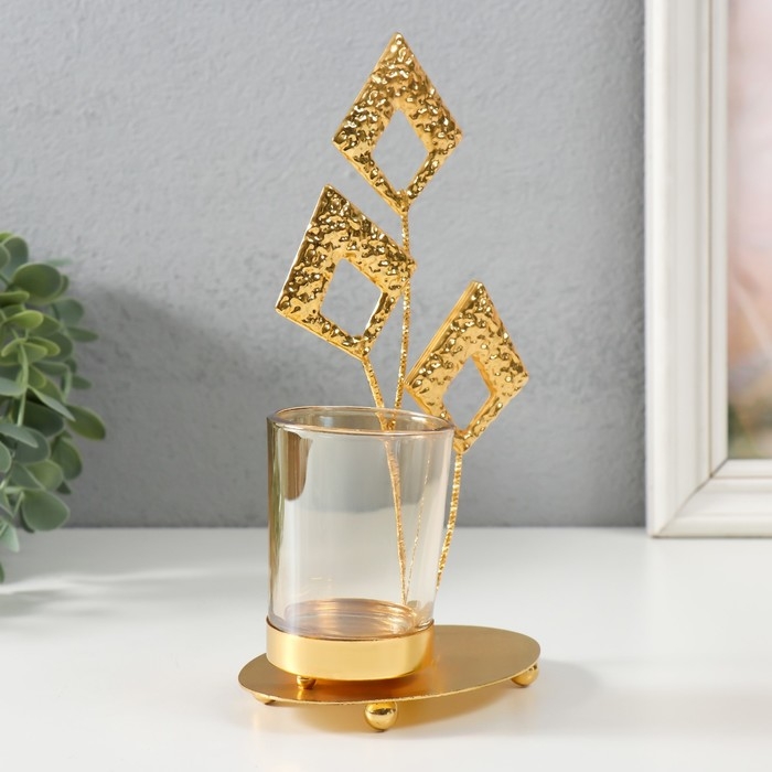 Подсвечник металл, стекло на 1 свечу  Подсвечник металл, стекло на 1 свечу "Листья-ромбики" d=4,7 см, золото 13х8х20,5 см