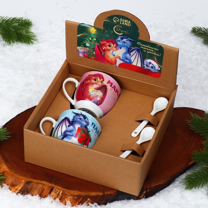 Подарочный набор новогодний из керамики «Мама, папа, с Новым годом!», кружка 180 мл. 2 шт., ложка 2 шт., цвет белый