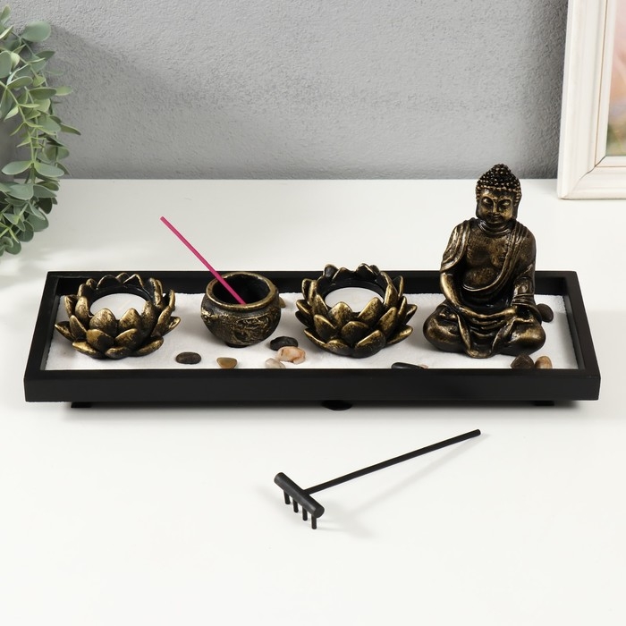 Сад камней Дзен  Сад камней Дзен "Будда с лотосами" песок+аромапалочки+свечи 36х13х13,3 см