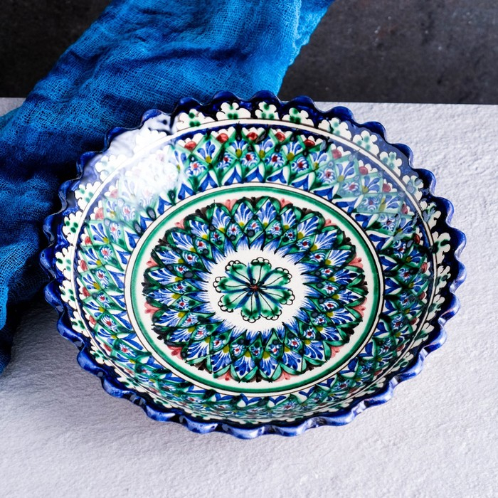 Тарелка Риштанская Керамика  Тарелка Риштанская Керамика "Узоры", синяя, глубокая, микс, 20 см