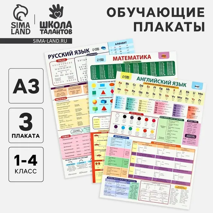 Набор обучающих плакатов &laquo;Русский язык, математика и английский язык 1-4 класс&raquo; 3 в 1, А3