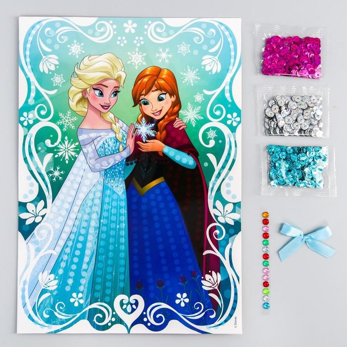 Аппликация пайетками Холодное сердце, 3 цвета пайеток, бантик, А4 Аппликация пайетками Холодное сердце, 3 цвета пайеток, бантик, А4