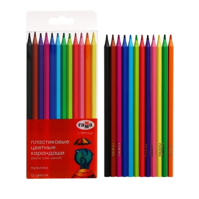 Карандаши цветные пластиковые 12 цветов &laquo;Гамма. Мультики&raquo;, заточенные, ПВХ, европодвес, (251220211)
