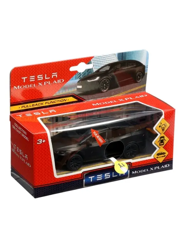 Машина металлическая Tesla Model X Plaid, 12 см, свет и звук, открываются двери, инерция, черная матовая
