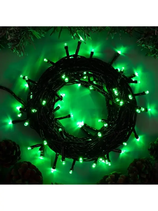 Гирлянда &laquo;Нить&raquo; 10 м, IP20, тёмная нить, 100 LED, 8 режимов, 220 В, свечение зелёное