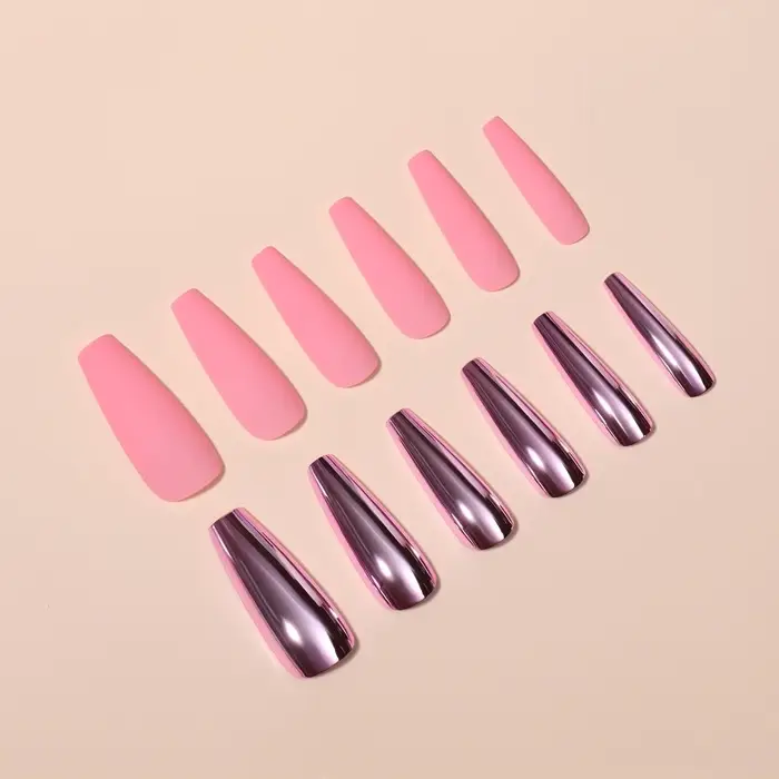 Накладные ногти, 12 шт, с клеевыми пластинами, форма балерина, матовый/хромированный, цвет розовый