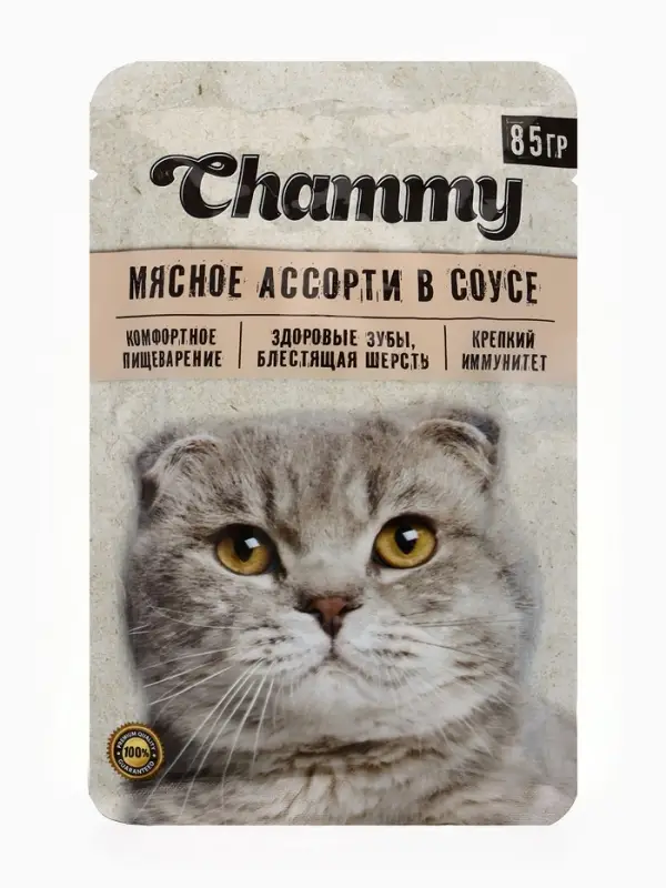 Влажный корм Chammy для кошек, мясное ассорти в соусе, пауч, 85 г