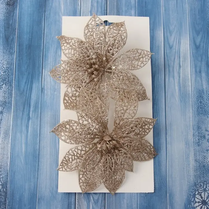 Набор ёлочных игрушек 2 шт. «Зимнее волшебство. Цветы сетка блеск» пластик, на зажимах, 13х13 см, золото