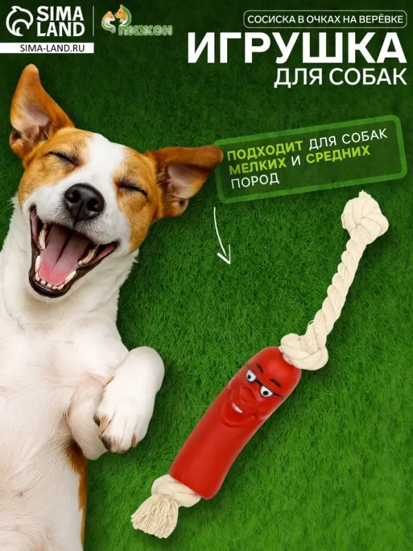 Игрушка для собак &laquo;Сосиска в очках на верёвке&raquo;, 14 см, винил, красная