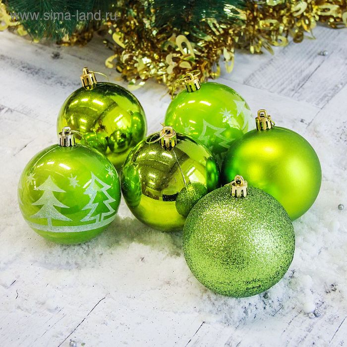 Набор шаров пластик d-8 см, 6 шт Набор шаров пластик d-8 см, 6 шт "Высокие ёлочки" зелёный