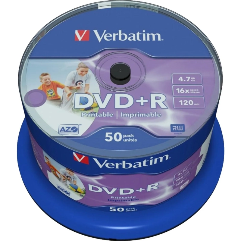 Носители информации DVD+R Verbatim 4.7Gb 16x Cake 50шт/уп Printable (43512)
