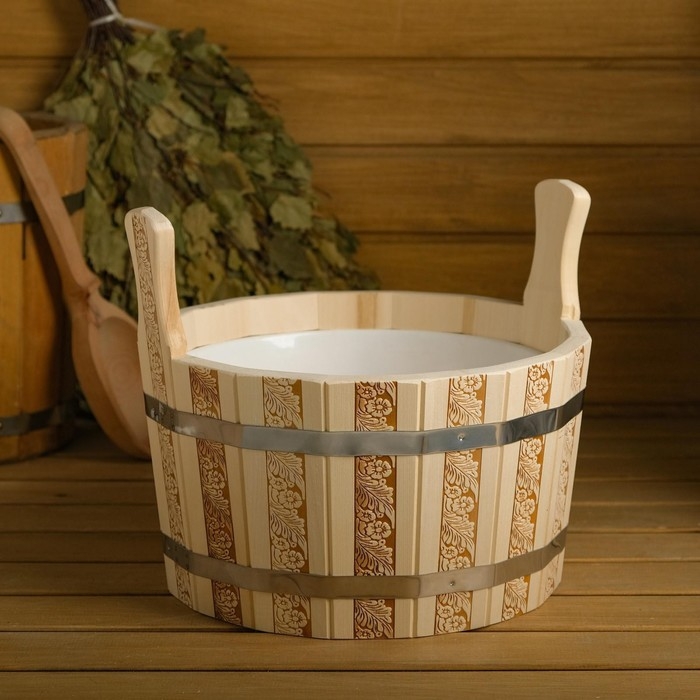 Шайка-таз из липы, 9 л, пластиковая вставка, Шайка-таз из липы, 9 л, пластиковая вставка, "Русские узоры"