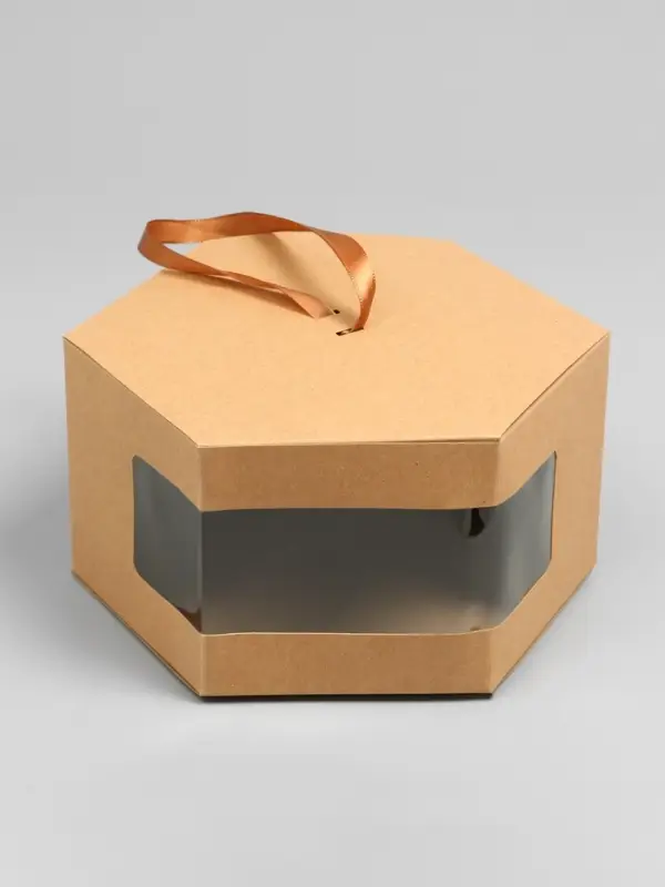 Коробка подарочная шестигранная, с окном, крафтовая, 10&times;30&times;17 см