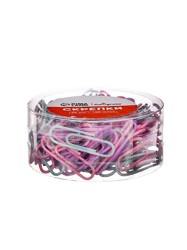 Скрепки 28 мм пастель в пластиковой тубе 100 штук