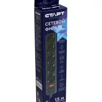 Сетевой фильтр СТАРТ, 5 розеток, 1,5 м, 10А, ПВС 3*0,75 мм2, с з/з, с выкл, IP 20, черный