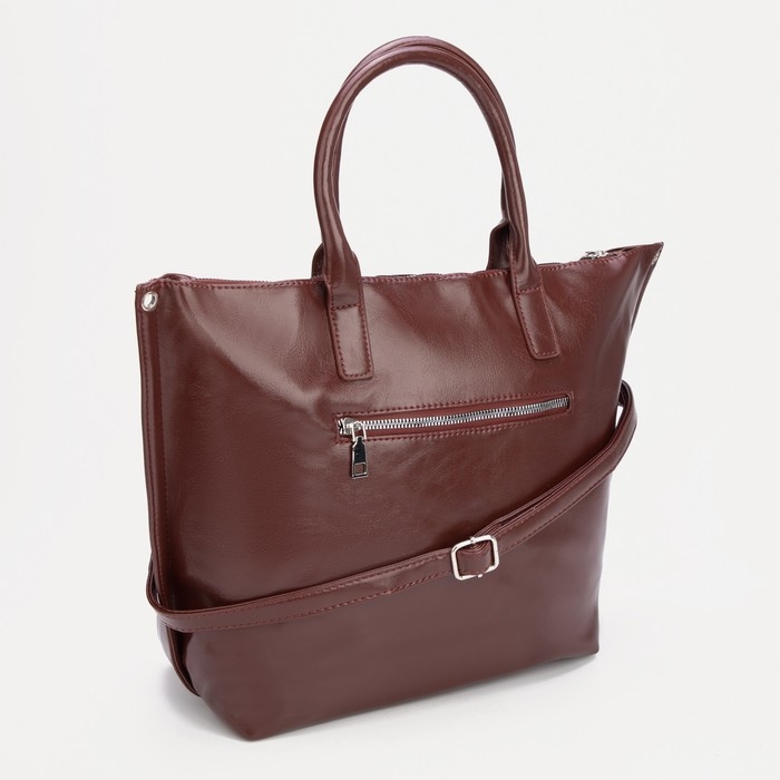 Сумка-тоут на молнии, наружный карман, длинный ремень, цвет коричневый