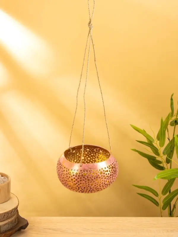 Подсвечник подвесной из кокоса, 14×14×10 см, тёмно золотисто-розовый