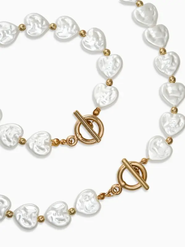Набор 2 пред-та: бусы,браслет "Жемчуг барочный", сердечки, 40/18см, цвет белый в золоте