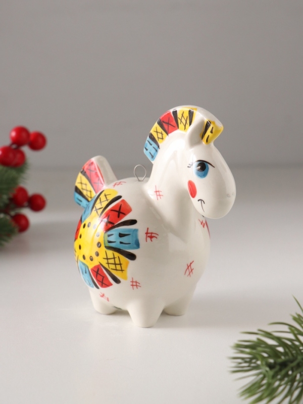 Ёлочный фарфоровый шар Ёлочный фарфоровый шар "Лошадь Солнце Лоскутное" /авторская роспись/, 11 см