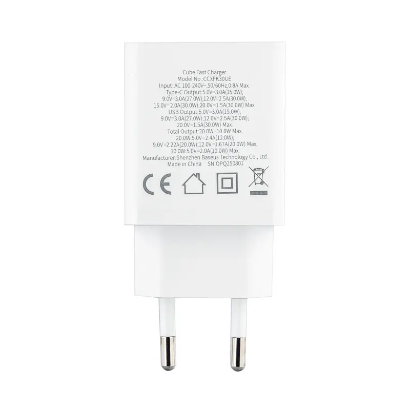 Переходник сетевого зарядного устройства на USB + Type-C PD30W P10111404213-00 Baseus белый
