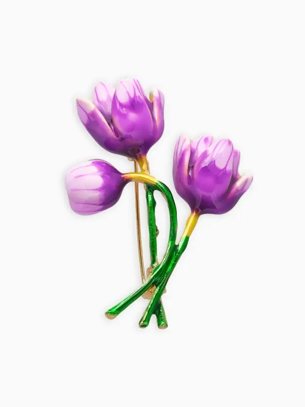 Брошь "Тюльпан" цветок, фиолетово-зелёная в золоте