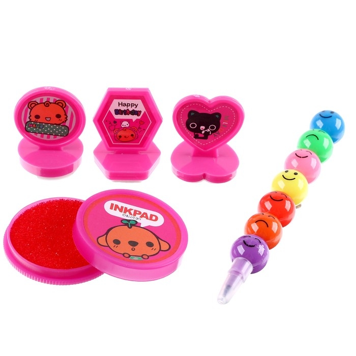 Набор для рисования: печать 3 шт., штемпельная подушка, карандаш 7 цветов, цвет розовый Набор для рисования: печать 3 шт., штемпельная подушка, карандаш 7 цветов, цвет розовый