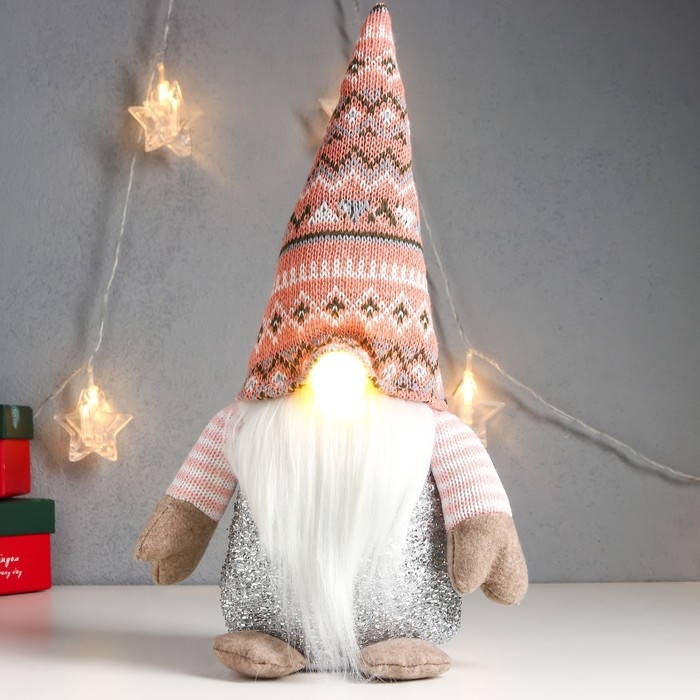 Кукла интерьерная свет Кукла интерьерная свет "Дед Мороз светящийся нос, в розовом колпаке с узорами" 33х17х12 см